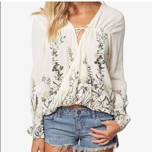 O’Neill Juniors White and Floral Dresden longsleeve tie front blouse size Medium